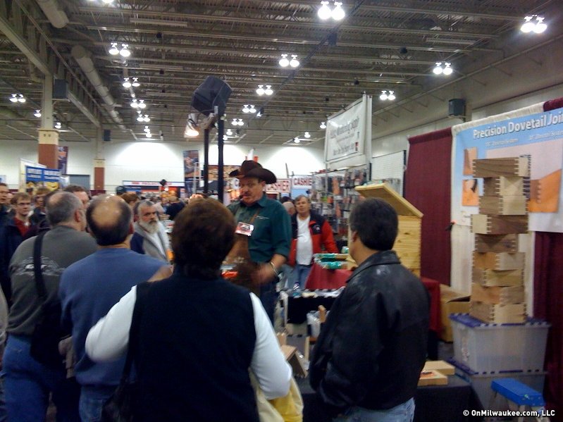  shows off his dovetail maker at this weekend's woodworking show