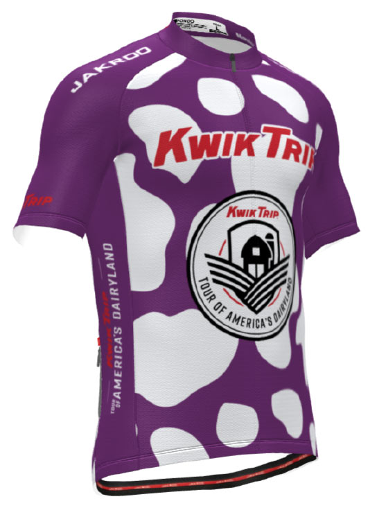 Purple with white cow-print jersey with Kwik Trip logo