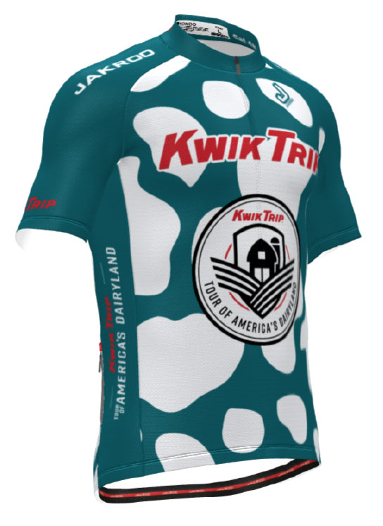 Dark teal with white cow-print jersey with Kwik Trip logo