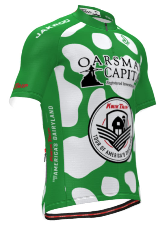 Grass green jersey with white cow-print with Oarsman Capital logo