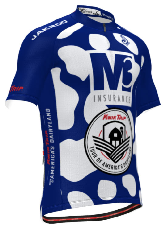 Dark blue with white cow-print jersey with M3 Insurance logo