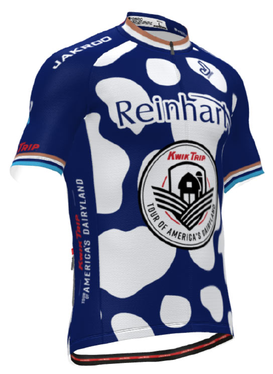 Dark blue with white cow print jersey with Reinhart logo