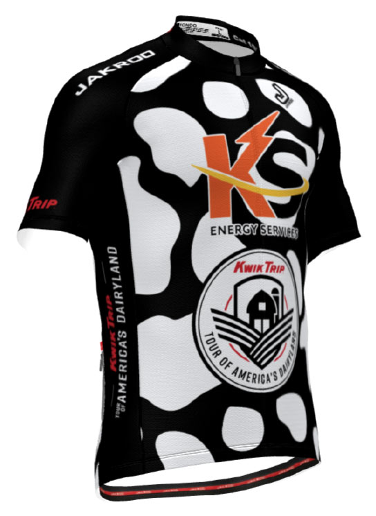 Black with white cow-print jersey with KS Energy logo