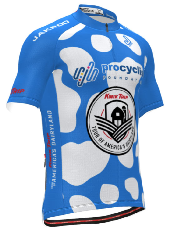 Sky blue with white cow-print jersey with Pro Cyclist Foundation logo