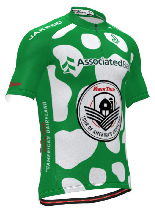 Grass green with white cow-print jersey with Associated Bank logo