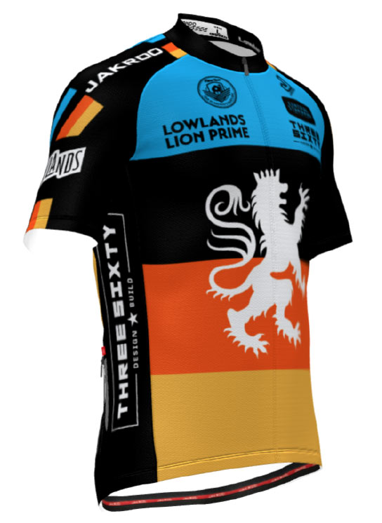 Jersey banded with blue, black, orange and yellow stripe below a white Belgian lion crest