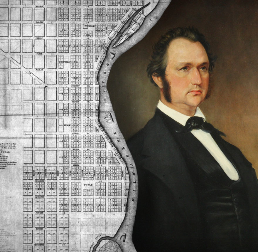 Portrait of Byron Kilbourn by Bernard Isaac Durward, 1847 inset on an 1836 map of Milwaukee.