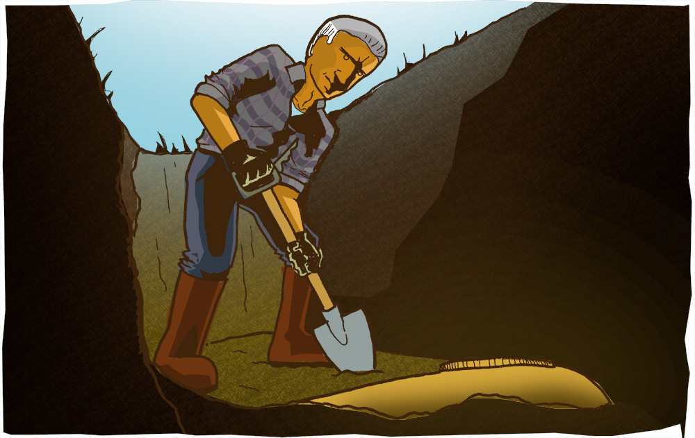 Illustration of a gravedigger in a grave with the coffin slightly revealed.