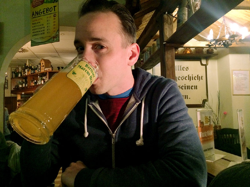 My brother Justin enjoys half a liter of "light beer" at the Berliner Brauhaus.